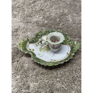 Limoges France Vintage Porcelain Candle Holder With Floral Pattern & Green Leaf